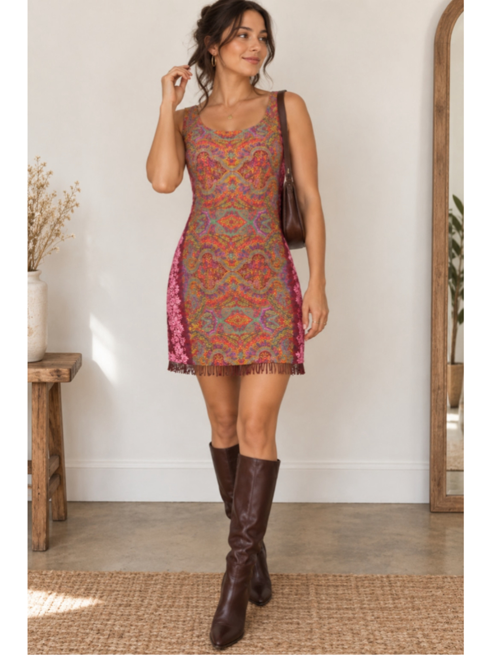 Gabrielle Sleeveless Rayon Hippie Shift Dress Pink Orange Paisley Boho Sz M